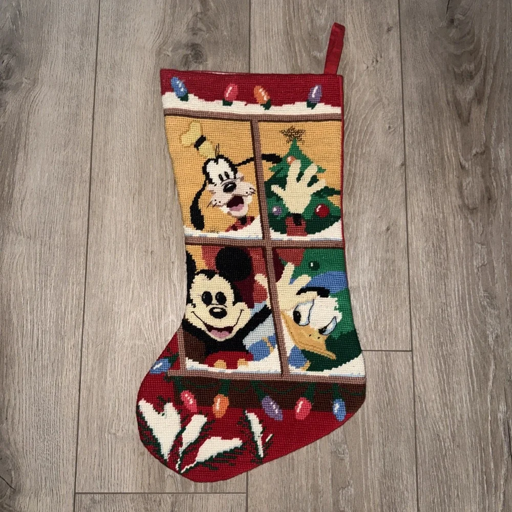 Disney Needlepoint Christmas Stocking Mickey Donald Duck Goofy Hand Made